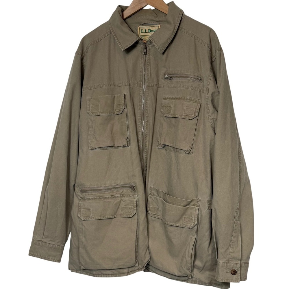 LL Bean Mens Tall Large Field Jacket Khaki Tan Cotton Utility Safari L863